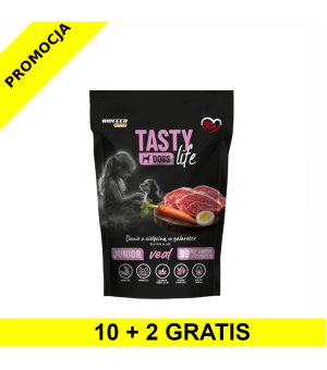 10+2 GRATIS Tasty Dogs Life karma mokra dla szczeniąt danie w galaretce Junior Cielęcina 500g saszetka