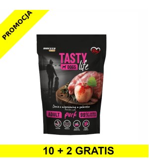 10+2 GRATIS Tasty Dogs Life karma mokra dla psów dorosłych danie w galaretce Wieprzowina 500g saszetka