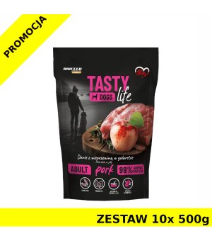 10x 500g Tasty Dogs Life karma mokra dla psów dorosłych danie w galaretce Wieprzowina ZESTAW