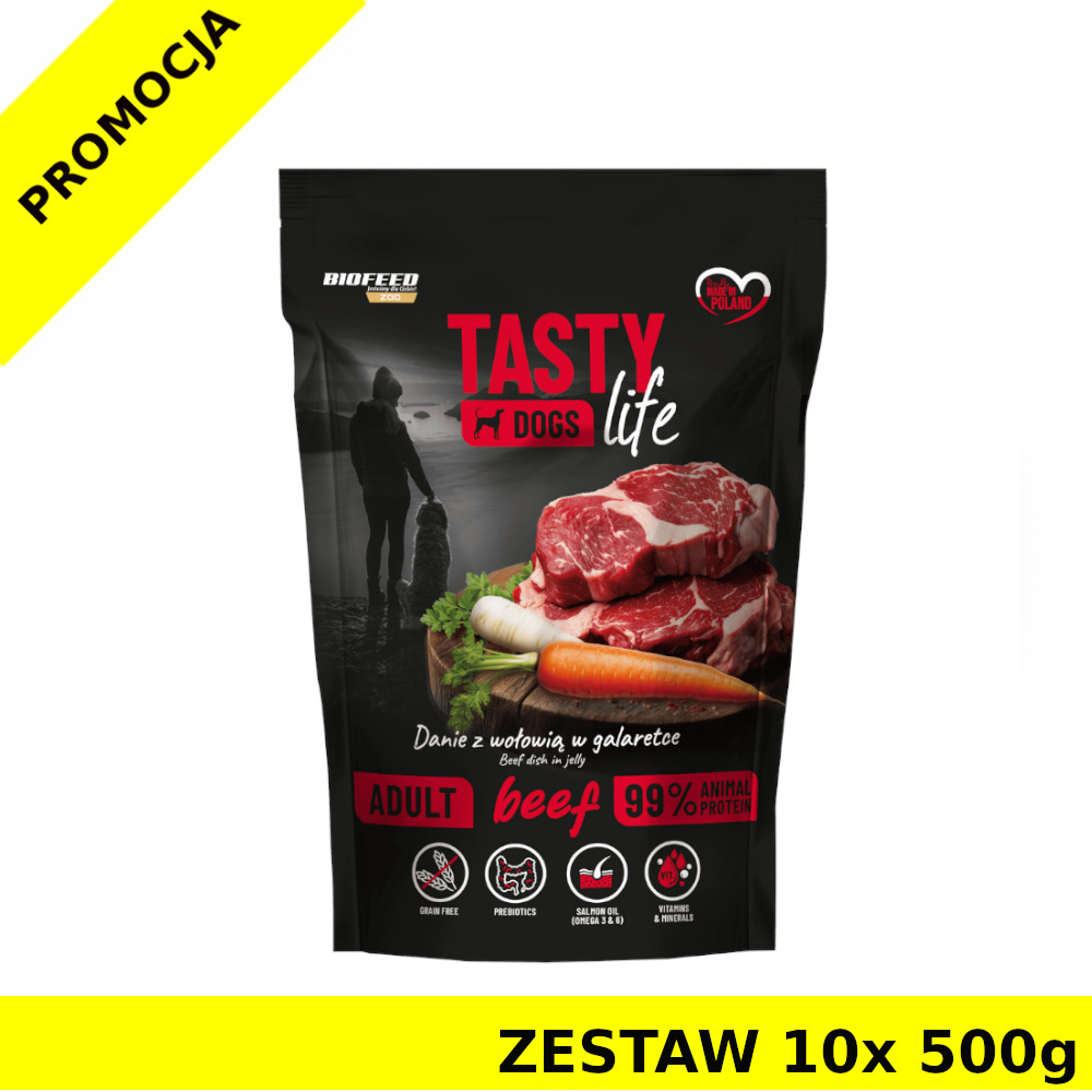 10x 500g Tasty Dogs Life karma mokra dla psów dorosłych danie w galaretce Wołowina ZESTAW