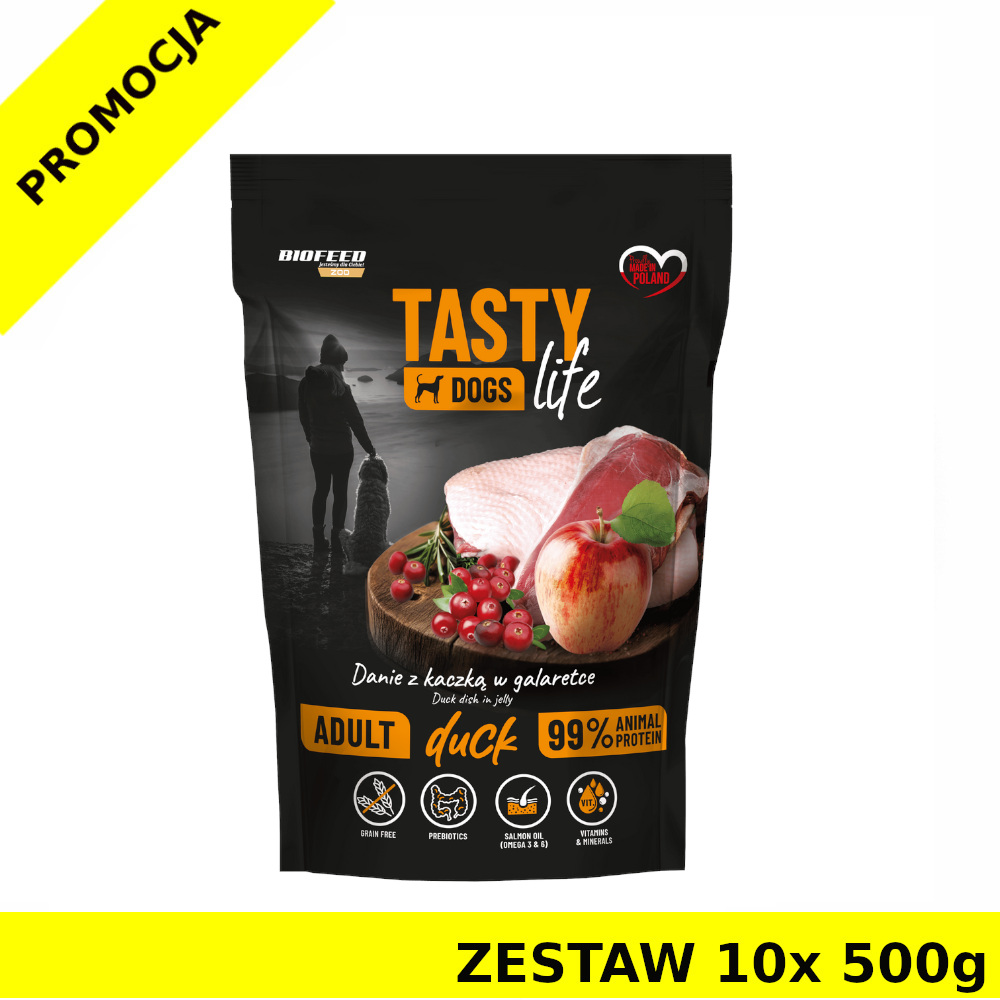 10x 500g Tasty Dogs Life karma mokra dla psów dorosłych danie w galaretce Kaczka ZESTAW