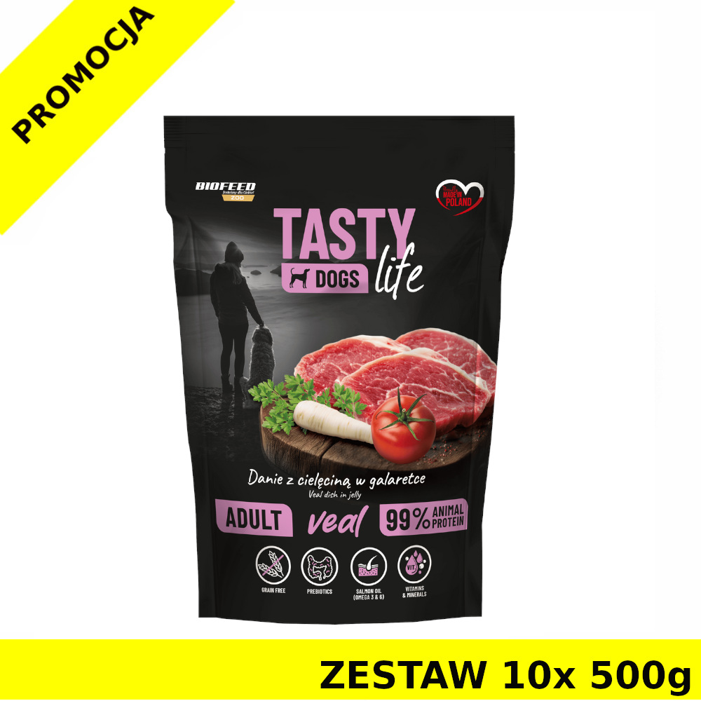 10x 500g Tasty Dogs Life karma mokra dla psów dorosłych danie w galaretce Cielęcina ZESTAW