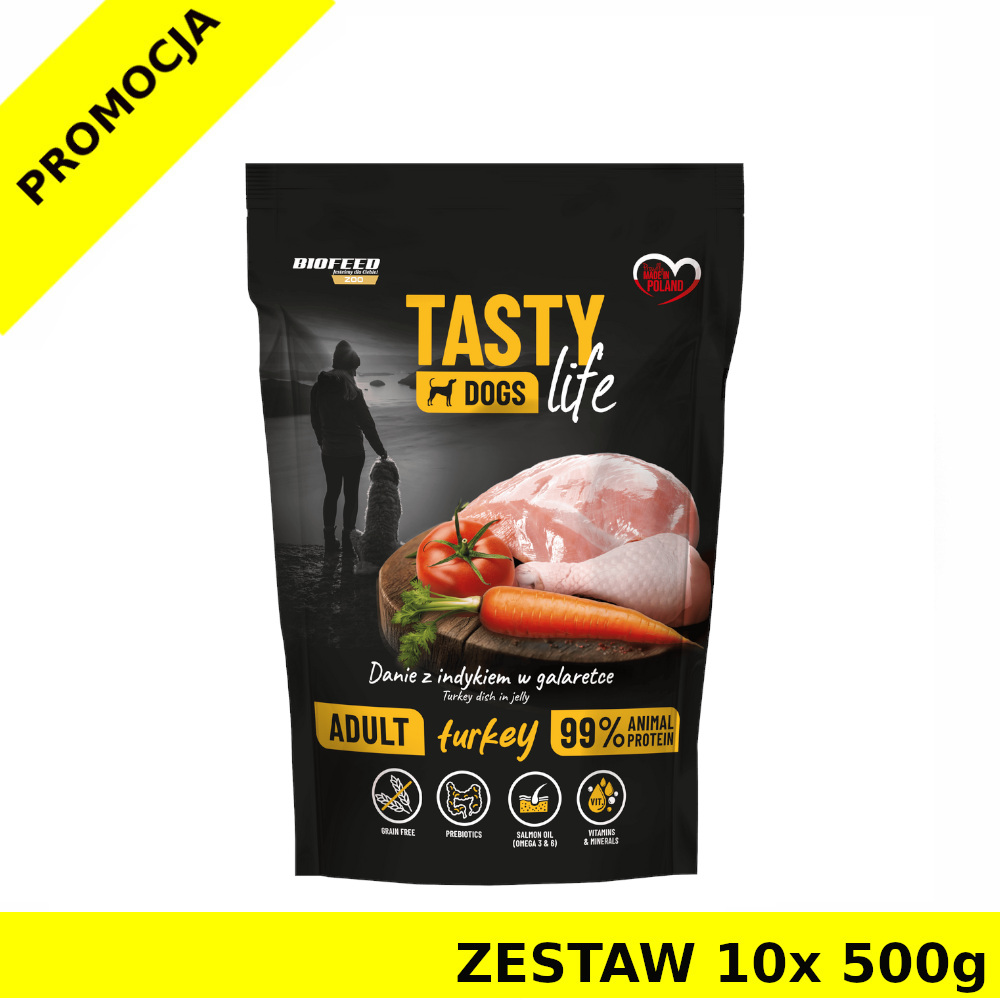 10x 500g Tasty Dogs Life karma mokra dla psów dorosłych danie w galaretce Indyk ZESTAW