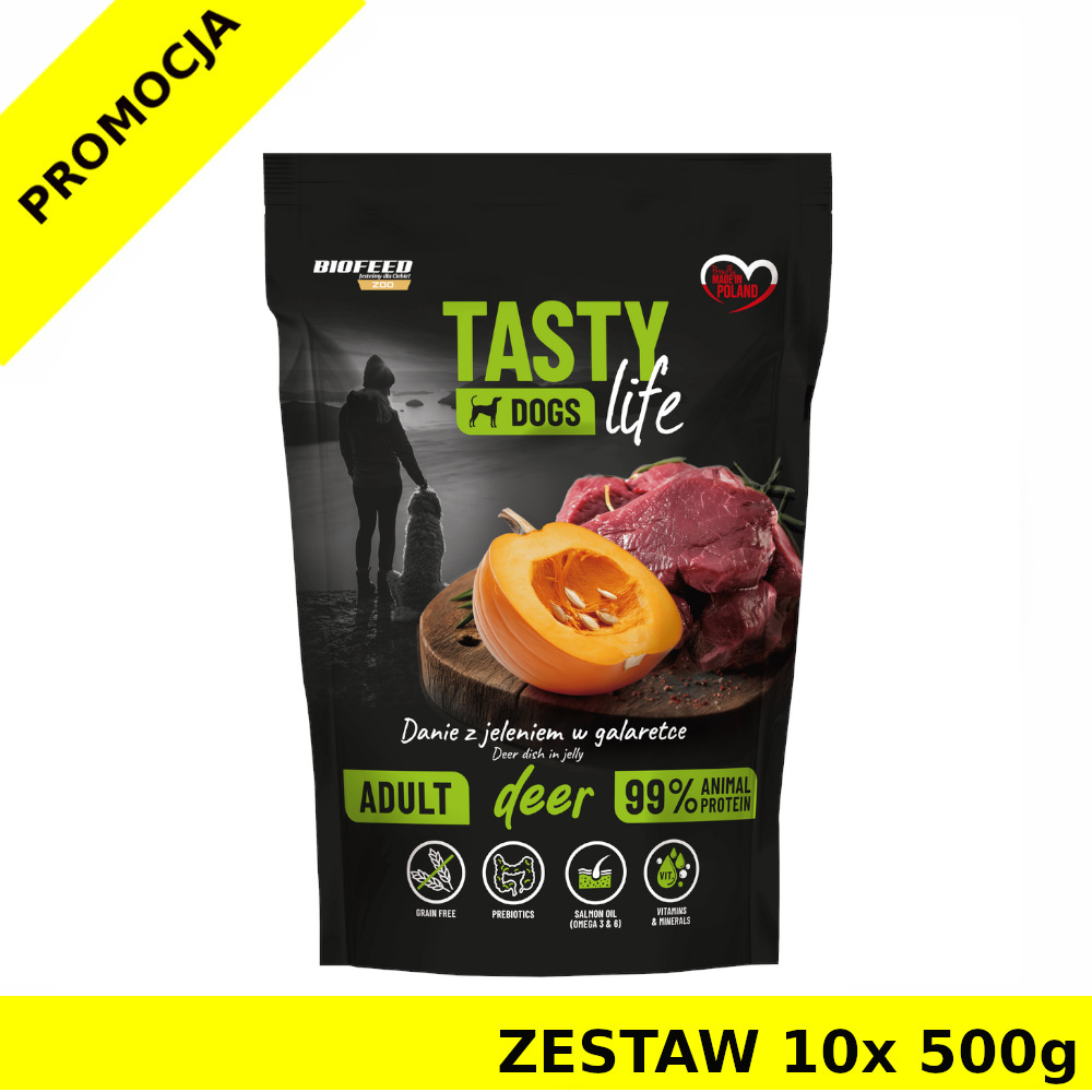 10x 500g Tasty Dogs Life karma mokra dla psów dorosłych danie w galaretce Jeleń ZESTAW