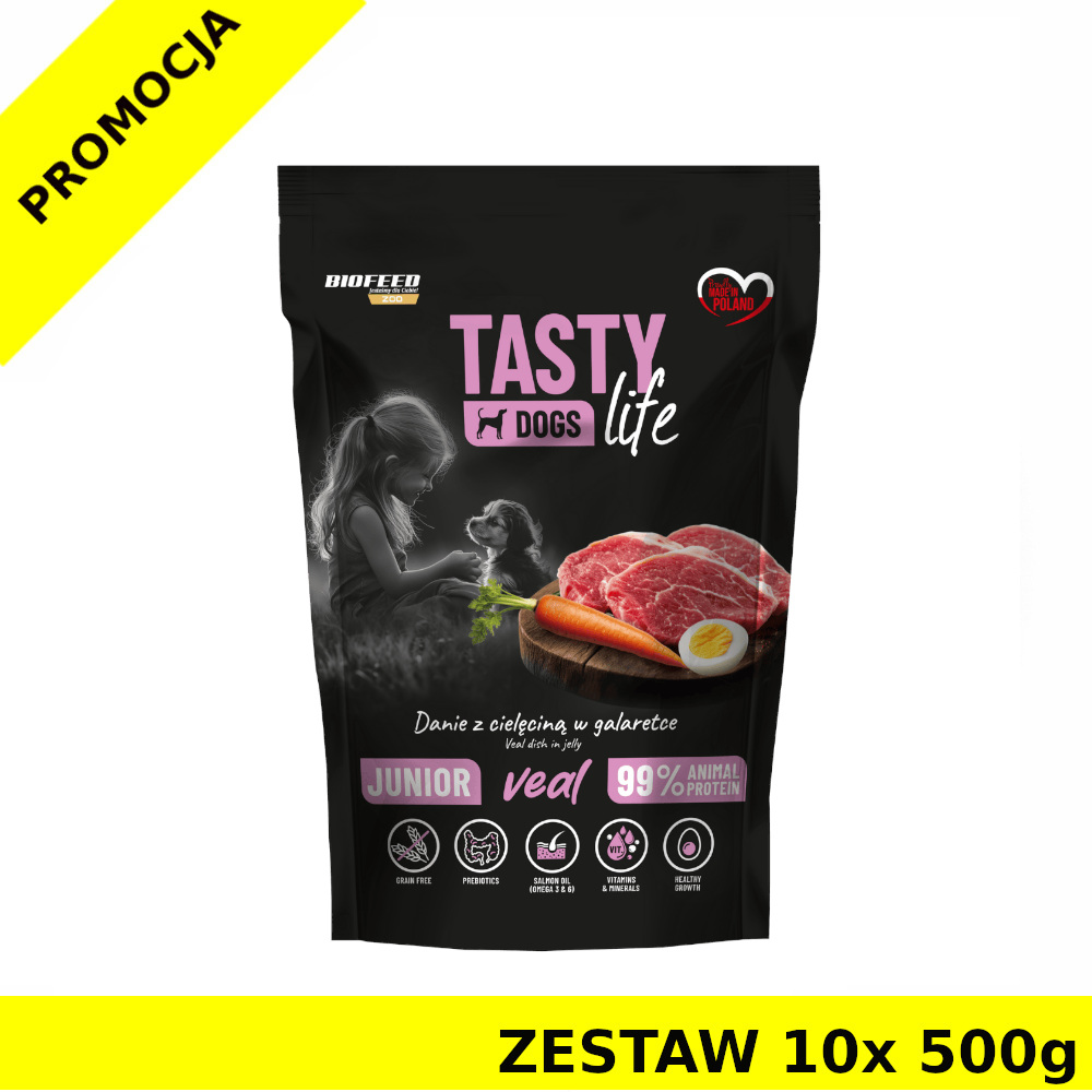 10x 500g Tasty Dogs Life karma mokra dla szczeniąt danie w galaretce Junior Cielęcina ZESTAW