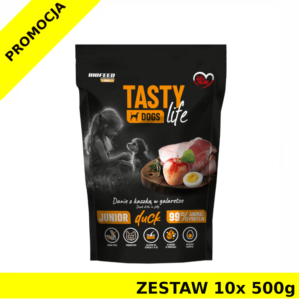 10x 500g Tasty Dogs Life karma mokra dla szczeniąt danie w galaretce Junior Kaczka ZESTAW