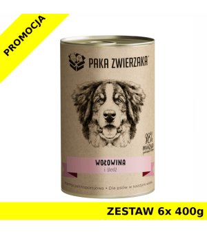 Karma mokra dla psa Paka Zwierzaka Wołowina i śledź PUSZKA ZESTAW 6x 400g