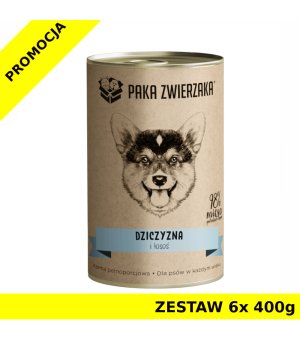 Karma mokra dla psa Paka Zwierzaka  Dziczyzna i łosoś PUSZKA ZESTAW 6x 400g