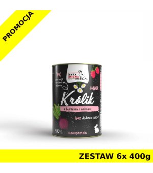 Syta Micha karma mokra dla szczeniąt Classic Królik z Brurakiem i Malinami Junior 6x 400g ZESTAW