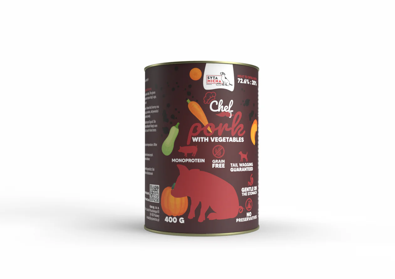 Syta Micha karma mokra dla psów dorosłych CHEF Wieprzowina z Warzywami 400g