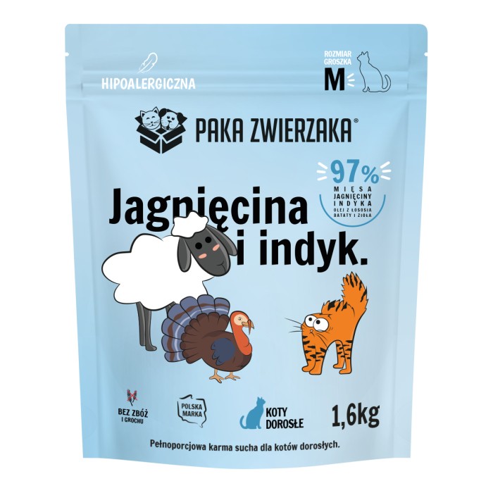 Paka Zwierzaka Kot Sucha Karma dla Dorosłych Kotów - Jagnięcina Indyk M 1,6kg