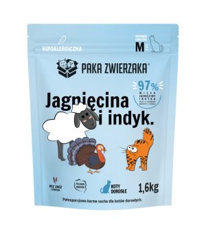 Paka Zwierzaka Kot Sucha Karma dla Dorosłych Kotów - Jagnięcina Indyk M 1,6kg 