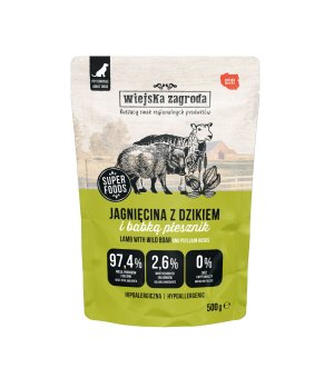 Wiejska Zagroda karma mokra dla psów dorosłych Jagnięcina z Dzikiem 500g - saszetka