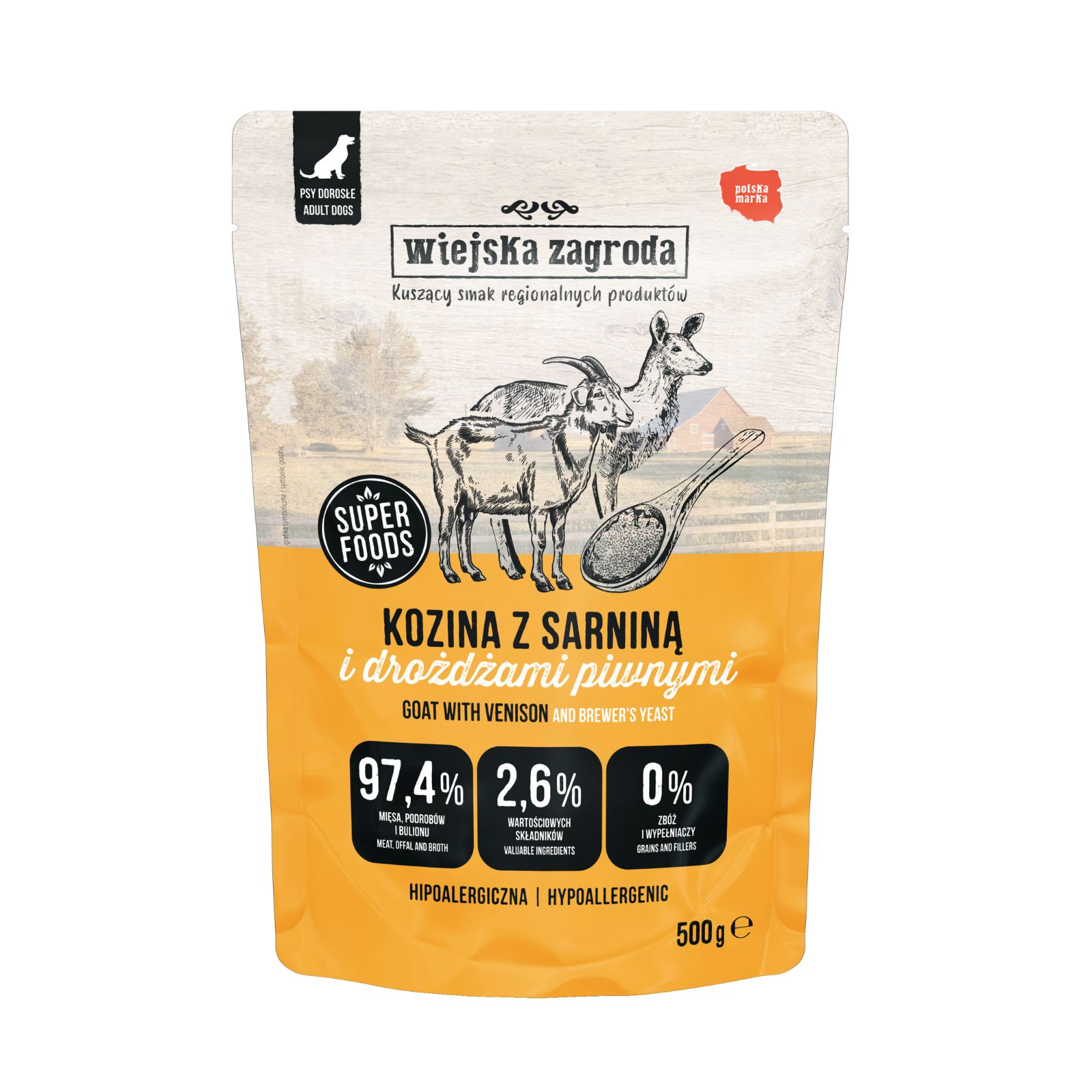 Wiejska Zagroda karma mokra dla psów dorosłych Kozina z Sarną 500g - saszetka
