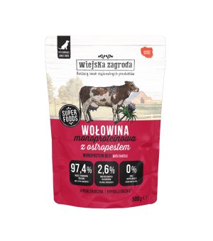 Wiejska Zagroda karma mokra dla psów dorosłych MONO Wołowina z Ostropestem 500g - saszetka