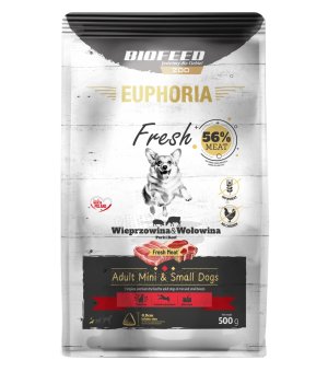 WYCOFYWANY Z OFERTY - Euphoria Fresh Meat karma sucha dla psów dorosłych Wieprzowina z Wołowiną XS/S 500g