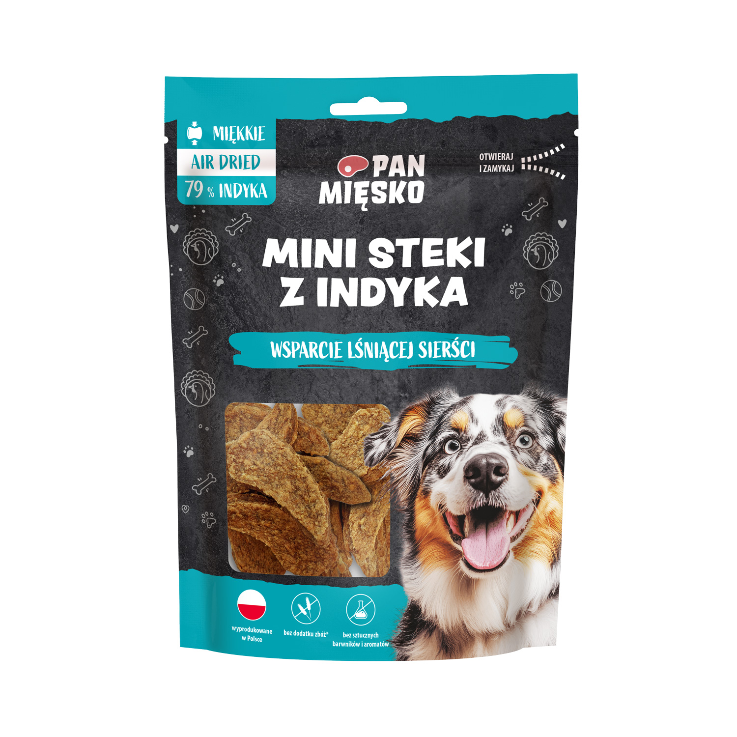 Pan Mięsko Przysmaki dla psa wspierające lśniącą sierść Mini Steki z Indyka 80g