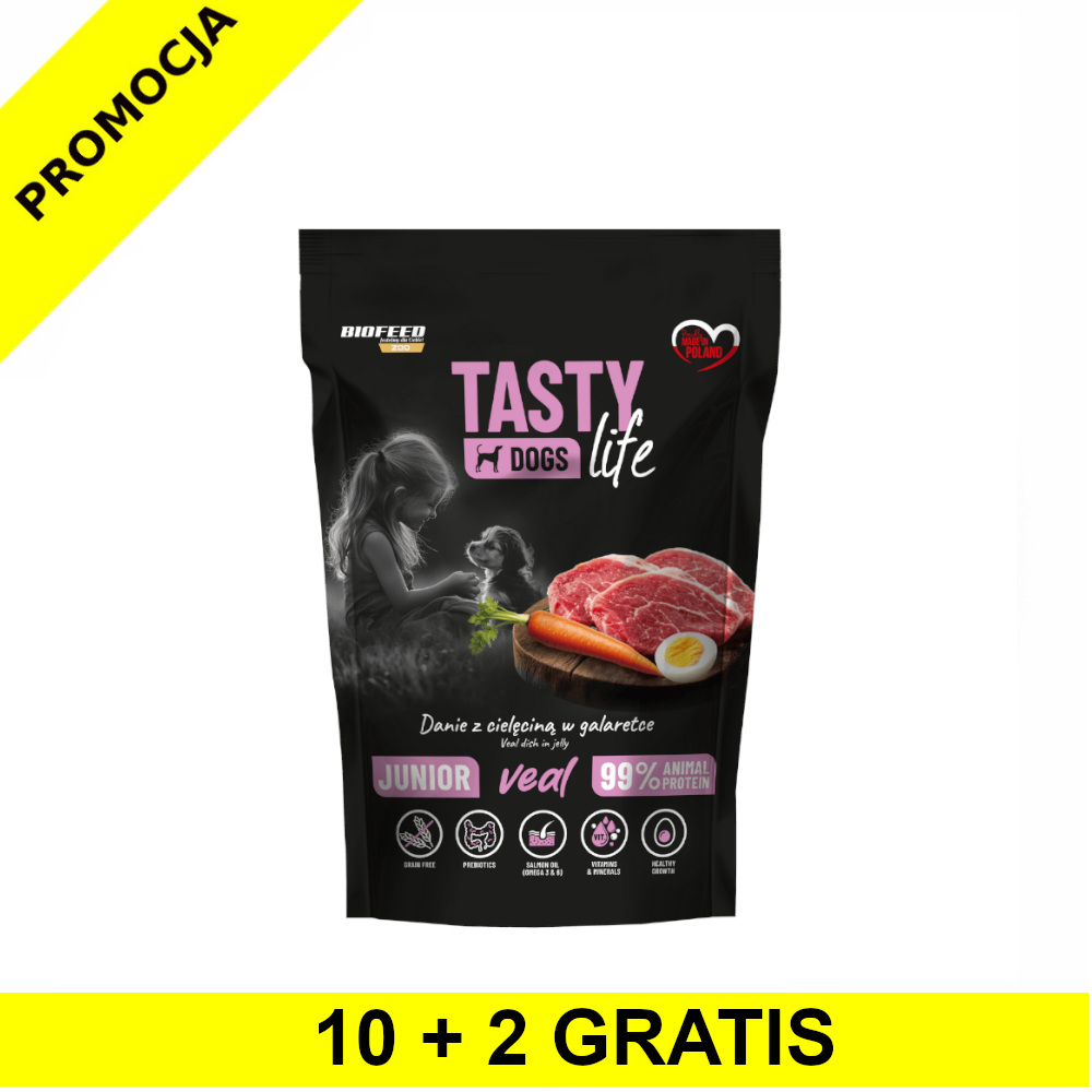 10+2 GRATIS Tasty Dogs Life karma mokra dla szczeniąt danie w galaretce Junior Cielęcina 500g saszetka