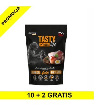 10+2 GRATIS Tasty Dogs Life karma mokra dla szczeniąt danie w galaretce Junior Kaczka 500g saszetka