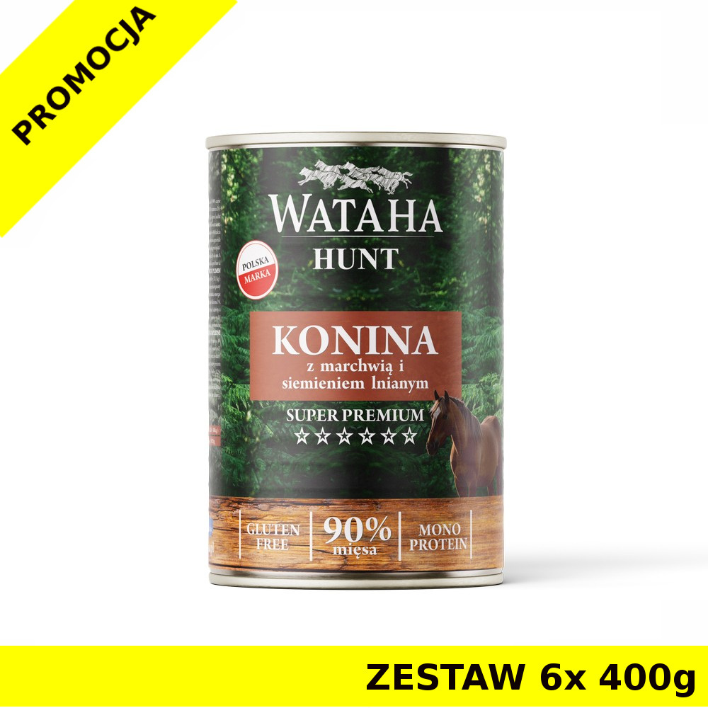 Wataha karma mokra dla psów dorosłych HUNT MONO Konina z Marchwią i Siemieniem Lnianym ZESTAW 6x 400g