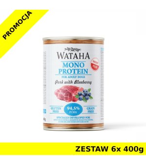 Wataha karma mokra dla psów dorosłych MONO Wieprzowina z Borówką Amerykańską ZESTAW 6x 400g
