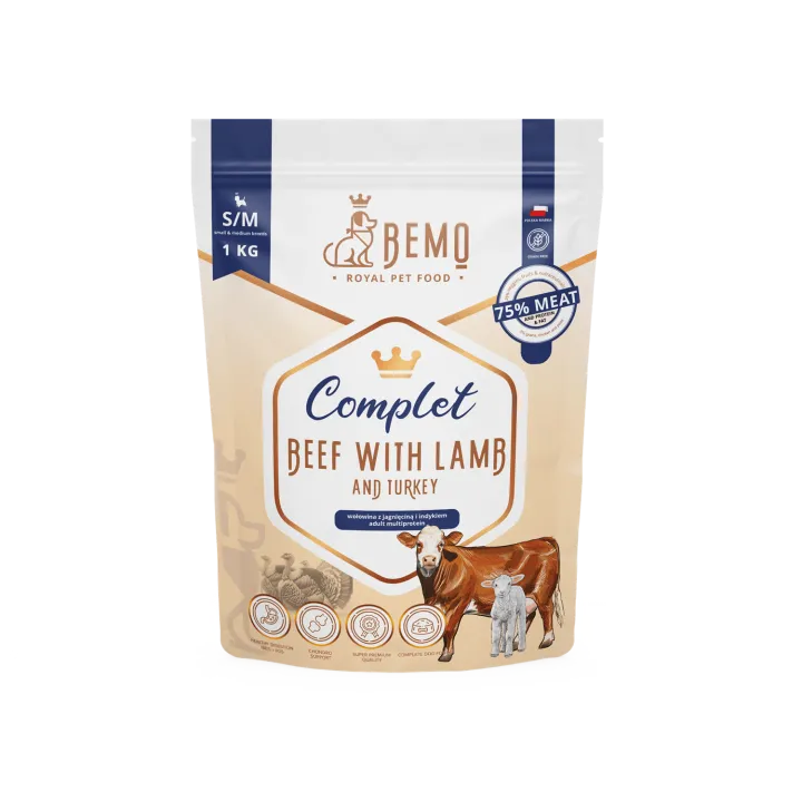 BEMO Karma sucha dla psów ras małych i średnich Complete Beef, Lamb, Turkey S/M 1kg