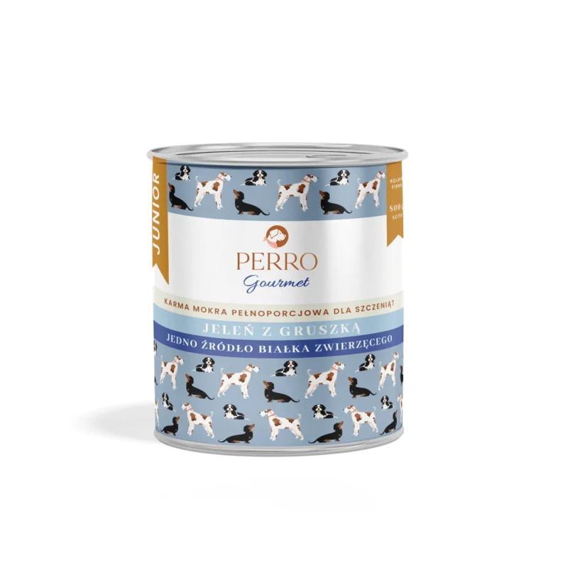 800g - Jeleń z gruszką - szczenięta - Perro Gourmet - karma mokra dla psa - puszka