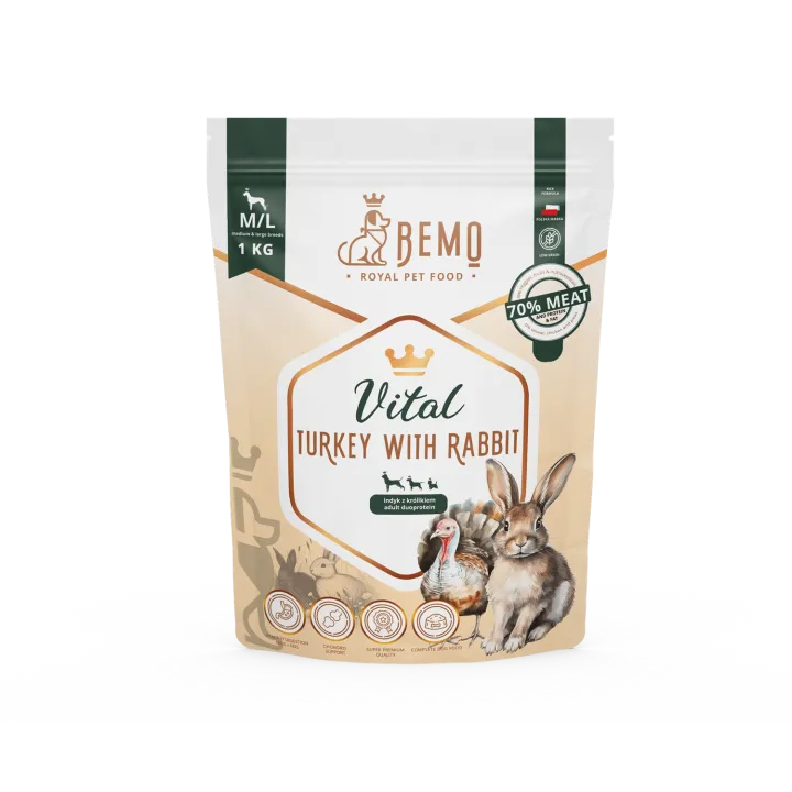 BEMO Karma sucha dla psów ras średnich i dużych wzmacniająca odporność - Vital Indyk z Królikiem M/L 1kg