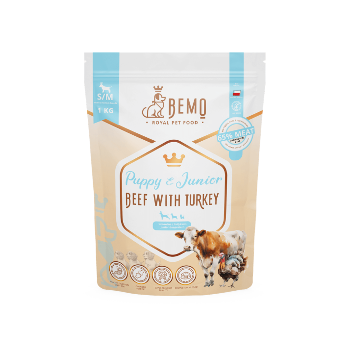 BEMO Karma sucha dla szczeniąt Puppy Junior Wołowina z Indykiem S/M 1kg