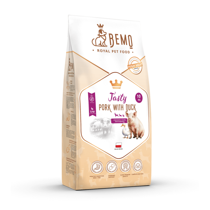 BEMO Karma sucha dla psów dorosłych ras małych i średnich Tasty Pork with Duck S/M 10kg