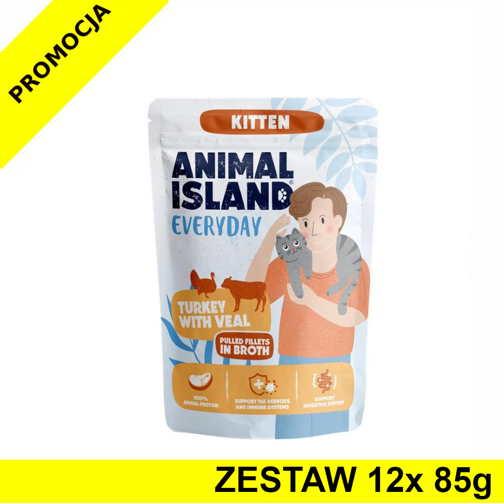Animal Island Everyday Kitten mokra karma dla kociąt - Indyk z Cielęciną w Rosole ZESTAW 12x 85g