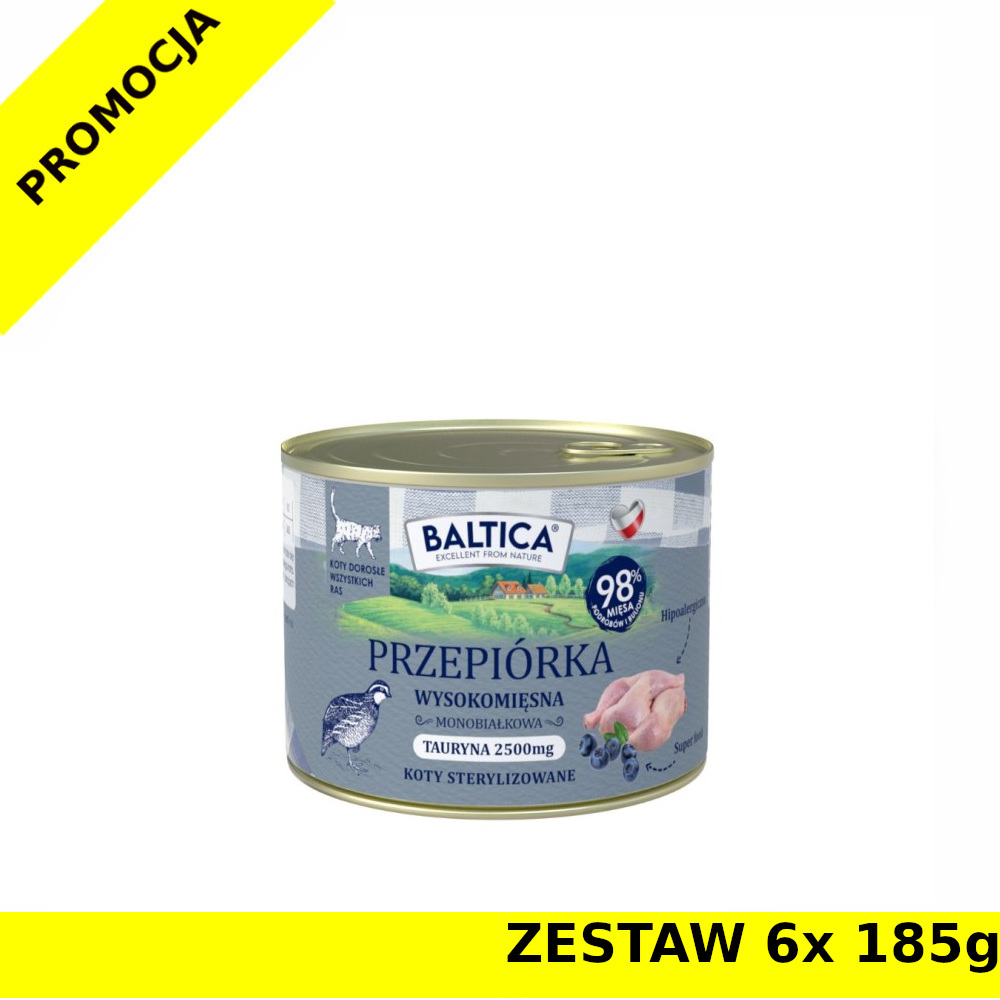 Baltica karma mokra dla kotów dorosłych sterylizowanych Mono Przepiórka ZESTAW 6x 185g