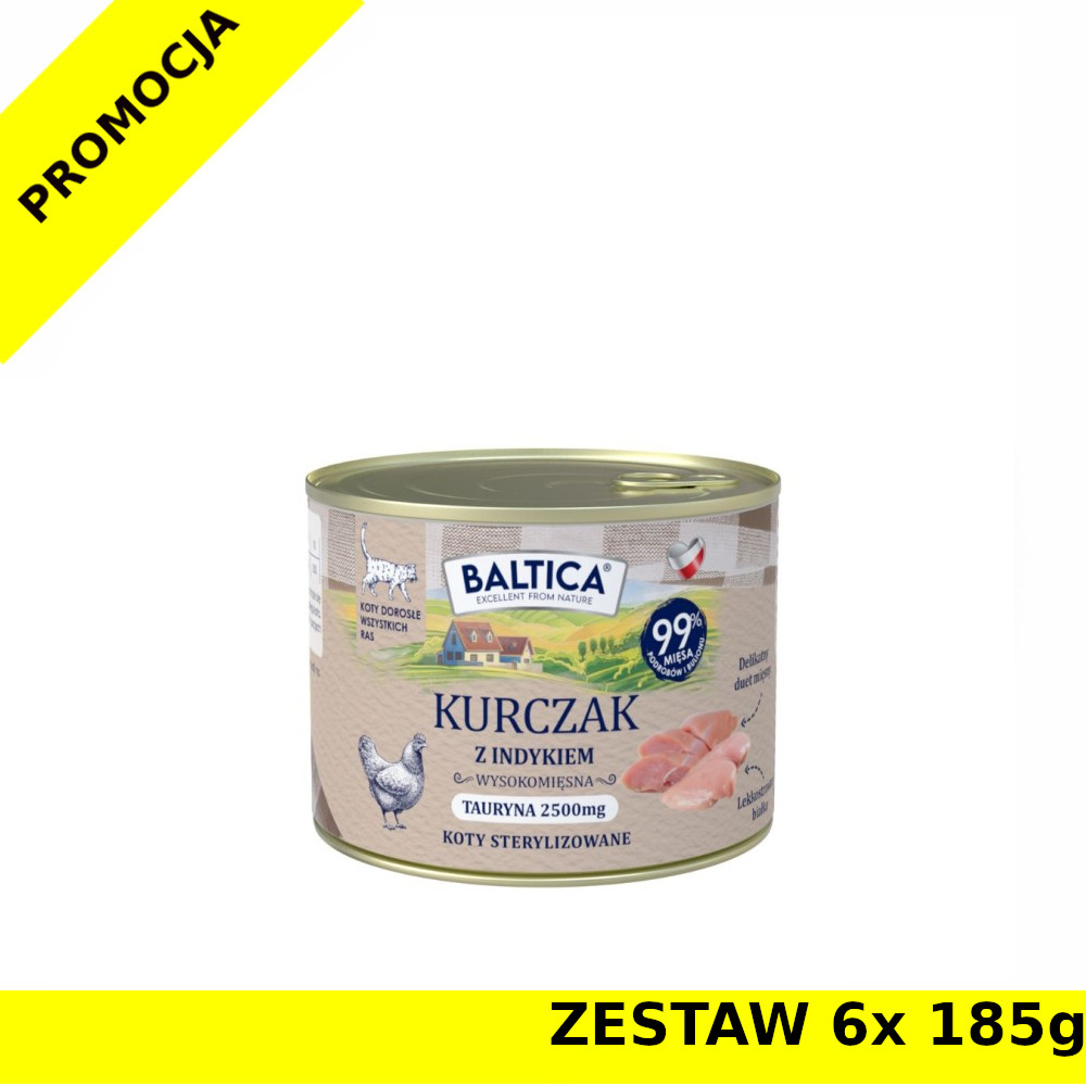 Baltica karma mokra dla kotów dorosłych Kurczak z Indykiem ZESTAW 6x 185g