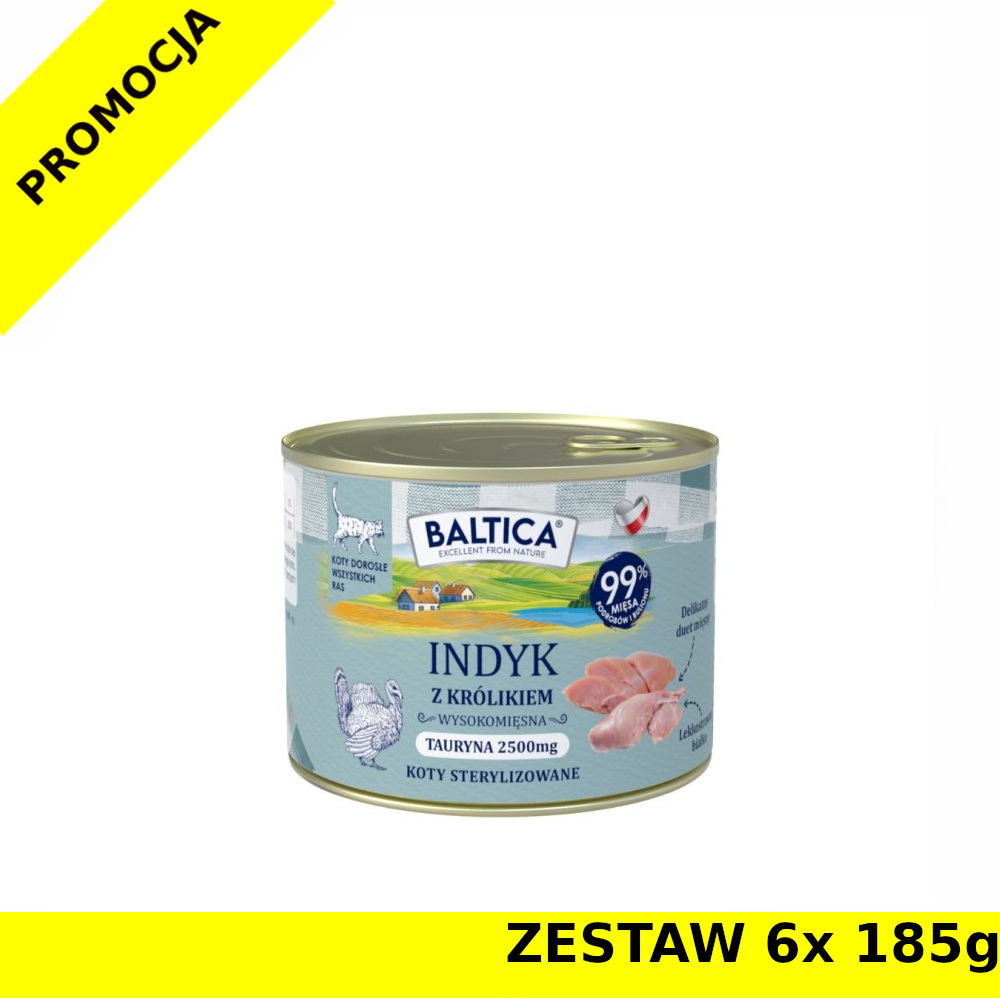 Baltica karma mokra dla kotów dorosłych sterylizowanych Indyk z Królikiem ZESTAW 6x 185g