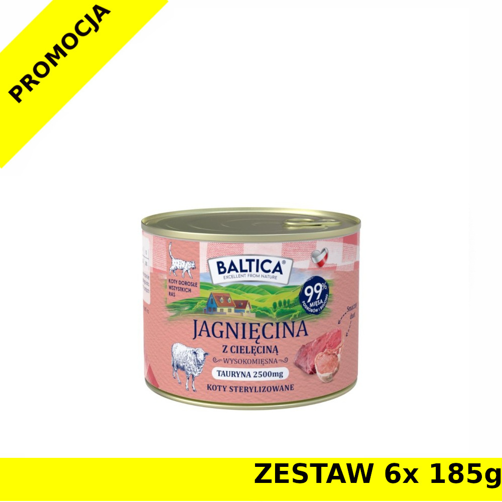 Baltica karma mokra dla kotów dorosłych sterylizowanych Jagnięcina z Cielęciną ZESTAW 6x 185g