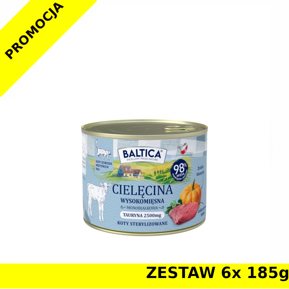 Baltica karma mokra dla kotów dorosłych sterylizowanych Mono Cielęcina ZESTAW 6x 185g