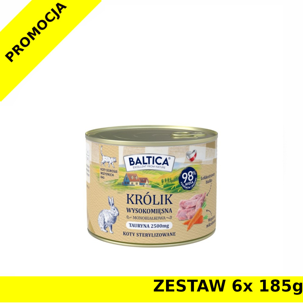 Baltica karma mokra dla kotów dorosłych sterylizowanych Mono Królik ZESTAW 6x 185g