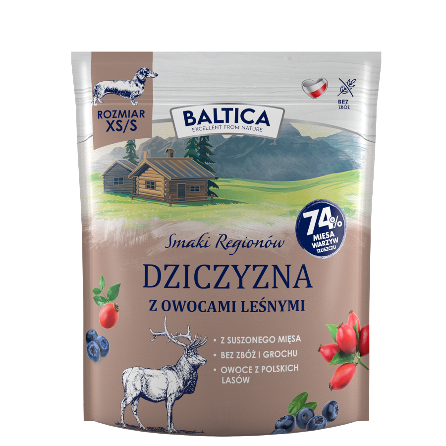 BALTICA karma sucha dla psów dorosłych ras małych Smaki Regionów Dziczyzna z Owocami Leśnymi XS/S 1kg