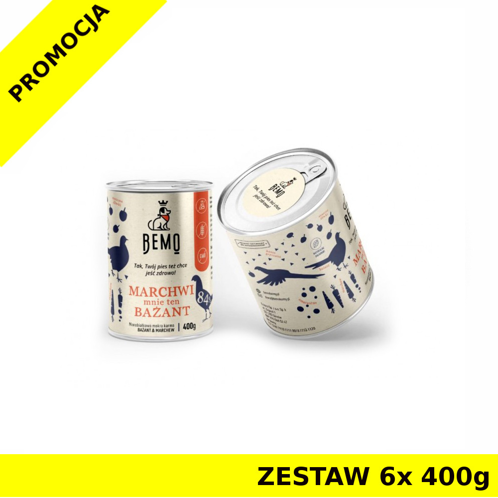 BEMO Karma mokra dla szczeniąt i psów dorosłych MARCHWI mnie ten BAŻANT ZESTAW 6x 400g