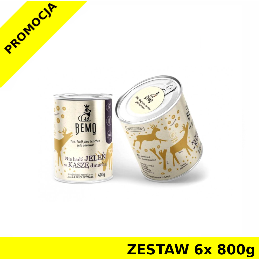 BEMO Karma mokra dla szczeniąt i psów dorosłych nie bądź JELEŃ w KASZĘ dmuchaj ZESTAW 6x 800g