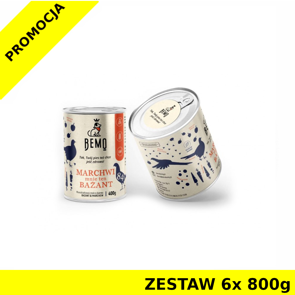 BEMO Karma mokra dla szczeniąt i psów dorosłych MARCHWI mnie ten BAŻANT ZESTAW 6x 800g