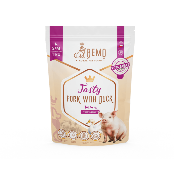 BEMO Karma sucha dla psów dorosłych ras małych i średnich Tasty Pork with Duck S/M 1kg