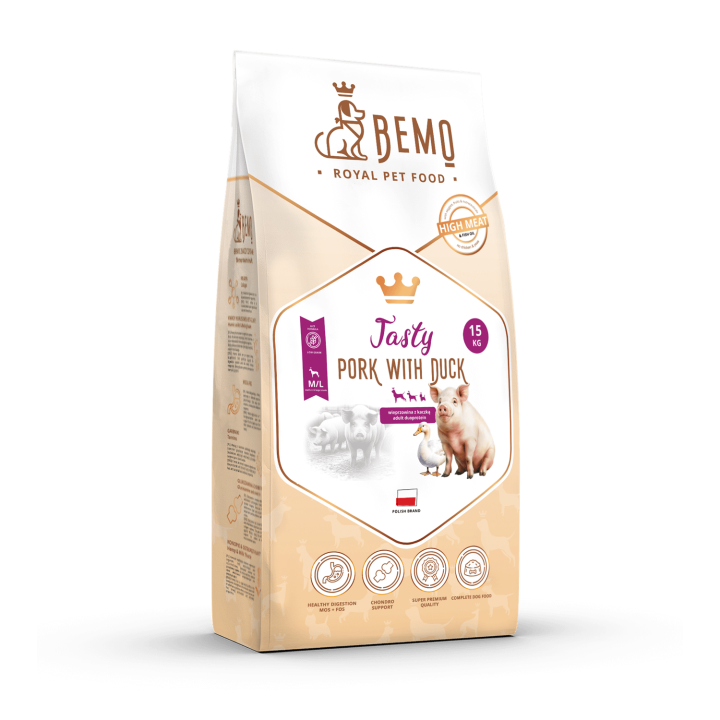 BEMO Karma sucha dla psów dorosłych ras średnich i dużych Tasty Pork with Duck M/L 15kg