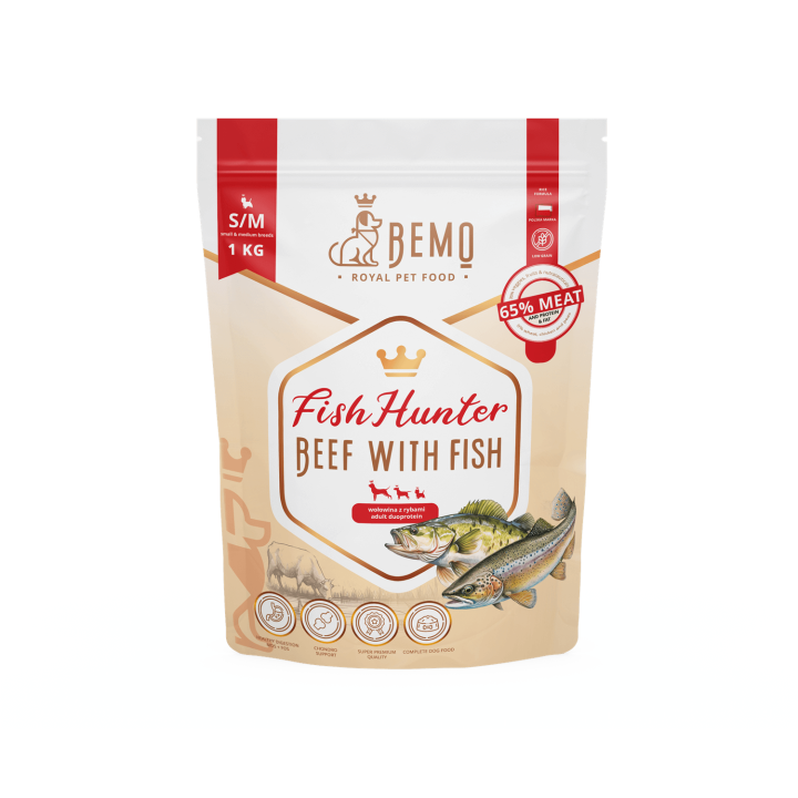 BEMO Karma sucha dla psów dorosłych ras małych i średnich Fish Hunter Wołowina z Rybą S/M 1kg