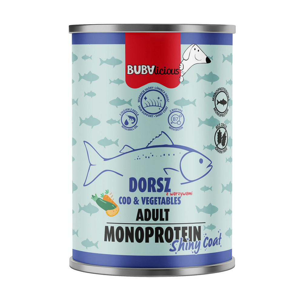 BUBAlicious karma mokra dla psa Shiny Coat Dorsz z Warzywami 400g