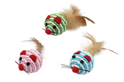 Bubu Pet mysz okrągła sznurkowa dla kota z piórkiem 7cm