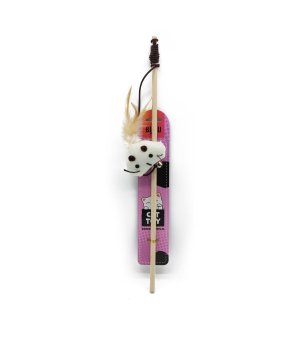 Bubu Pet wędka drewniana z pluszową myszą i piórkiem 40-102cm