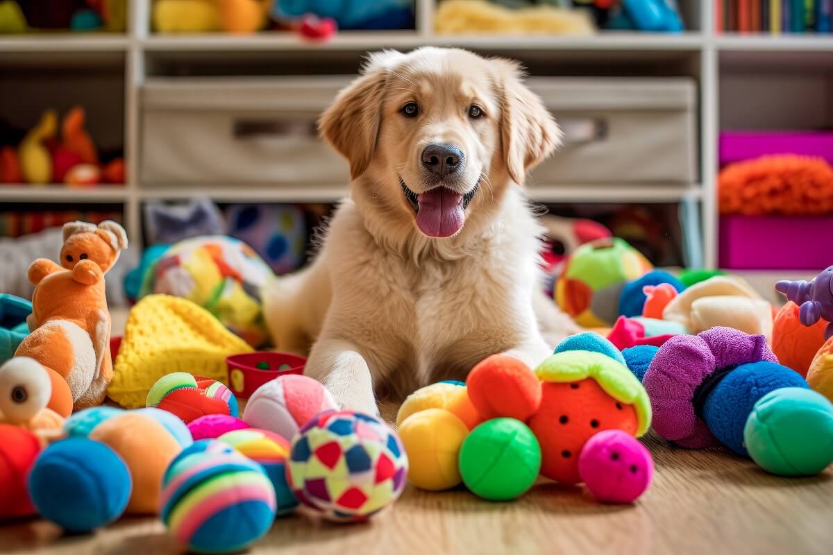 Pokój pełen różnych zabawek dla psa, w tym piłek i gryzaków