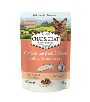 Chat & Chat karma mokra dla kotów dorosłych po sterylizacji Kurczak i Łosoś 100g