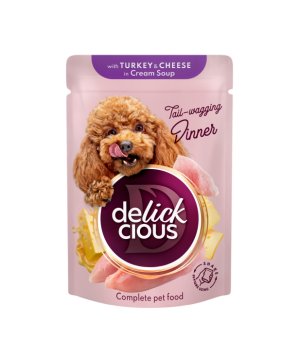 Delickcious karma mokra dla psów dorosłych Paski z Indyka i Ser w zupie 85g
